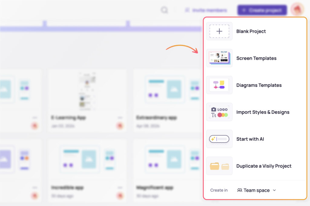 Create project options Visily